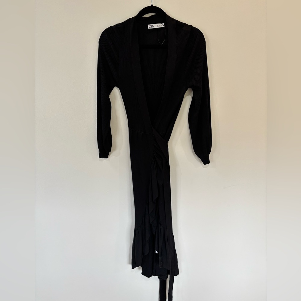 Zara Ruffle Wrap Long Sleeve Ribbed Dress